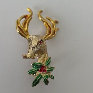 Vintage Holiday Reindeer Brooch – Gold-Tone with Holly & Berry Accents